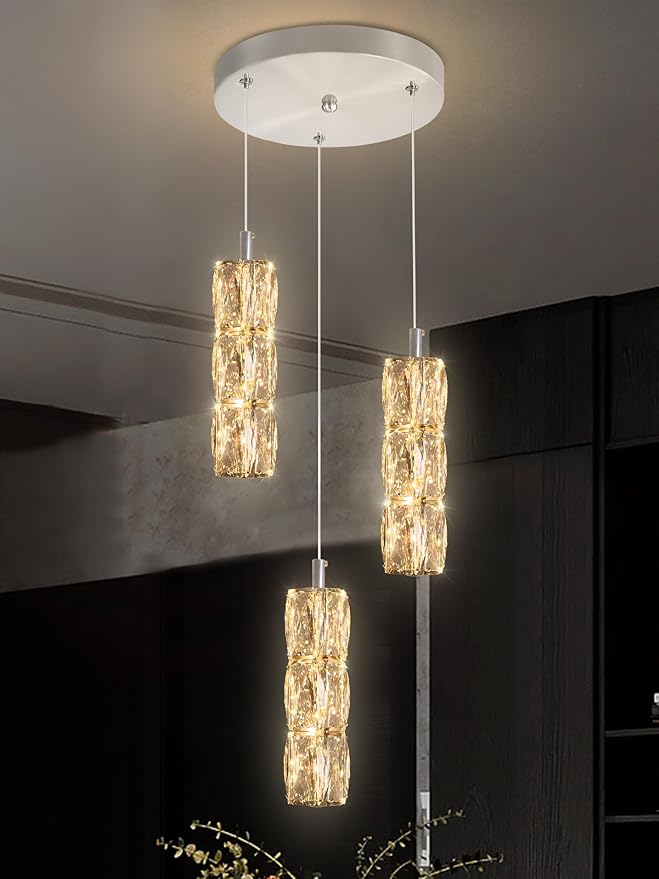 Pendant Lights Kitchen Island 3-Lights Silver Crystal Chandelier for Dining Room Hallway Stairwell,LED Dimmable 2700K-6000K