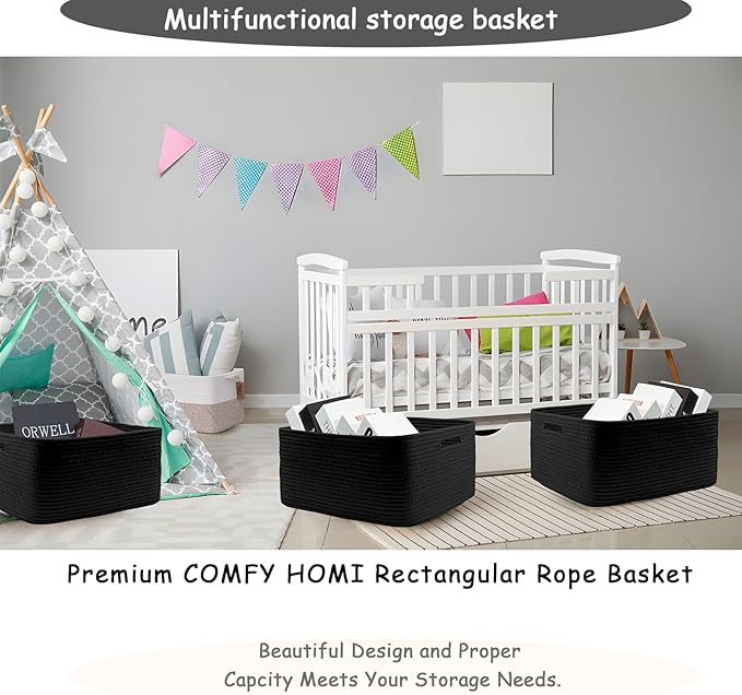 COMFY-HOMI 2 pcs Large Storage Baskets for Shelves, Laundry Basket, Woven Rope Basket, Closet Organizer Bins for Clothes Blanket Towels, Baby Nursery, Gift Toy Baskets, 17” x 13” x 7.5”-black