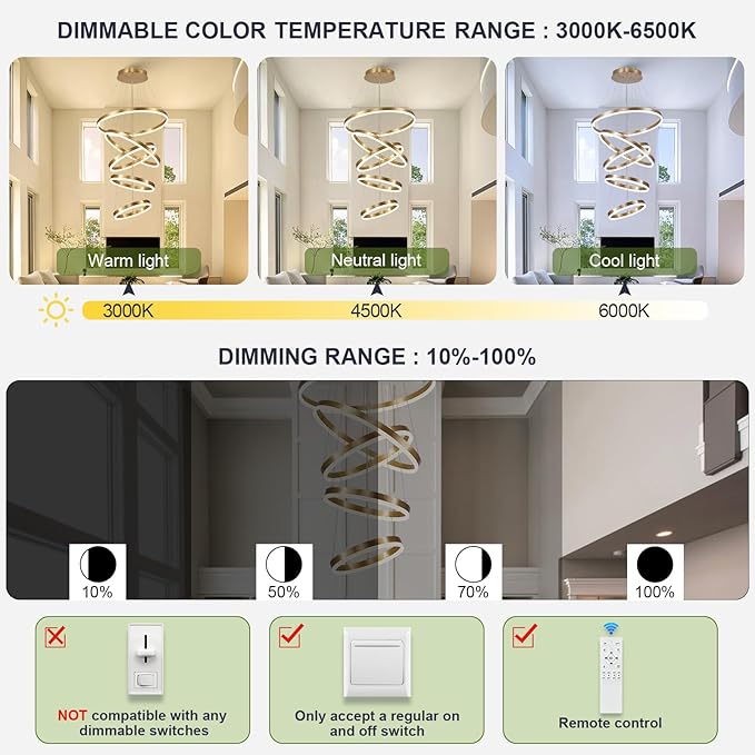 5-Rings Modern LED Chandelier Gold High Ceiling Chandelier with Remote Control Dimmable Pendant Lighting for Dining Room Foyer Living Room Entryway Staircase(3000K-6500K, D23.6’’)
