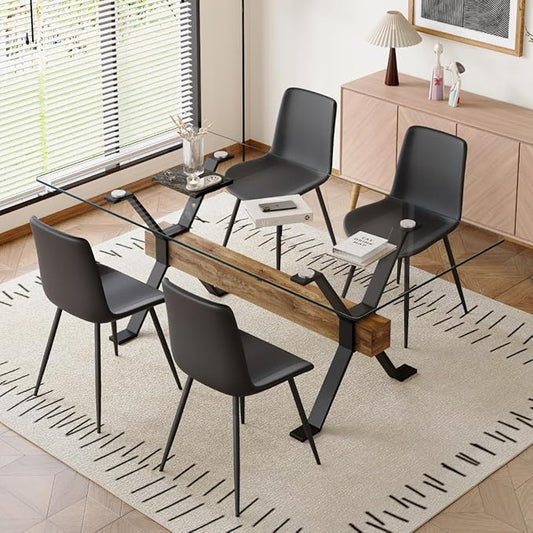 5 Piece Glass Dining Table Set, Kitchen Table Chairs Set for 4, 71'' Dining Table with 0.4" Tempered Glass Tabletop with Plated Metal Legs and MDF Crossbar, 4 PU Chairs for Dining Room, Kitchen.