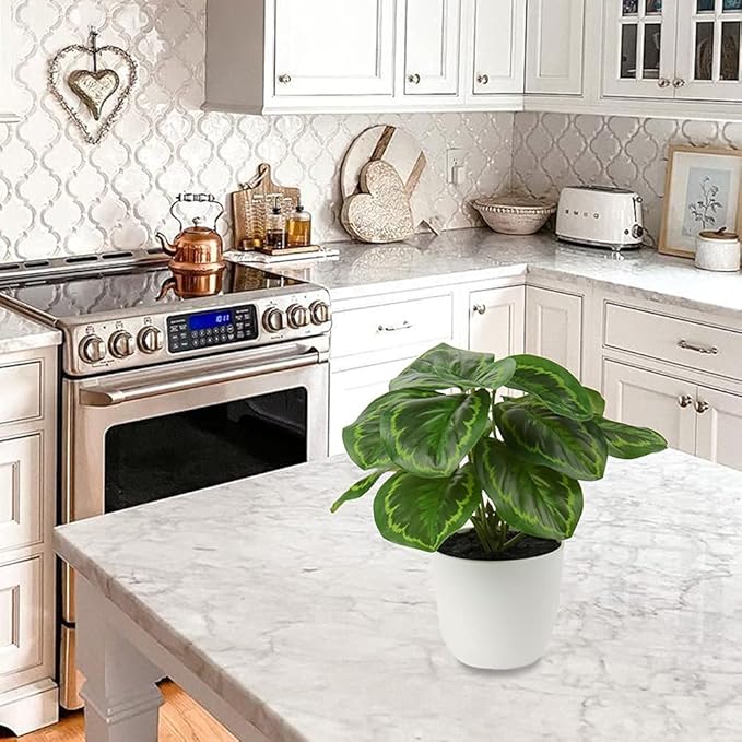 Briful 2 PCS Artificial Potted Alocasia Begonia Calathea Plants Mini Fake Plants in Plastic Pot Small Greenery Faux Plants Indoor for Home Office Desk Room Table Bathroom Bedroom Decorations