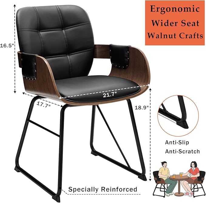 Set of 2 Kitchen & Dining Room Chairs - Mid Century Modern Chairs with Upholstered Seat, Cushion Arm, High Back, Metal Legs Walnut Dining Chairs for Kitchen/Living Room (Modern Black)