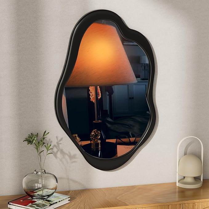 Wavy Mirror with Wood Frame, Modern Decorative Asymmetrical Mirror for Bedroom, Living Room, Entryway (Black, 24x15)