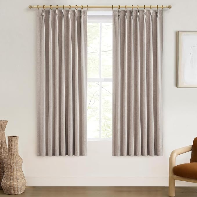 Textured Thick Burlap Cafe Small Window Curtains 45 Inch Length, Boho Farmhouse Pinch Pleated Curtains Blackout Heat Blocking Flax Linen Drapes 2 Panels Set Back Tab for Closet Without Door