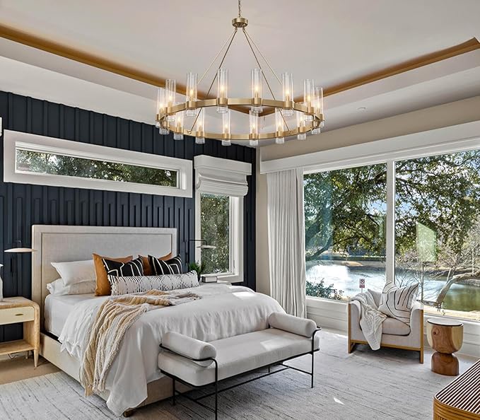 48 Inch Gold Chandelier, Wagon Wheel Chandelier with Glass Shade, 16-Lights Large Round Modern Farmhouse High Ceiling Pendant Lighting Fixture for Dining Room, Living Room, Kitchen, Foyer