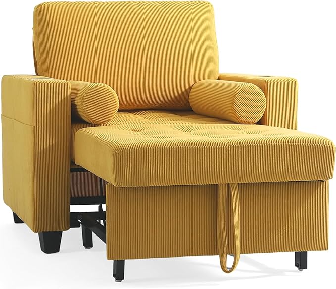 UIXE 3-in-1 Sleeper Sofa Chairs Set of 2, Pull Out Sofa Bed Convertible Reclining Seat Upholstered Armchair, Adjustable Backrest Recliner Chair with Side Pockets, Cup Holder & USB Ports - Yellow