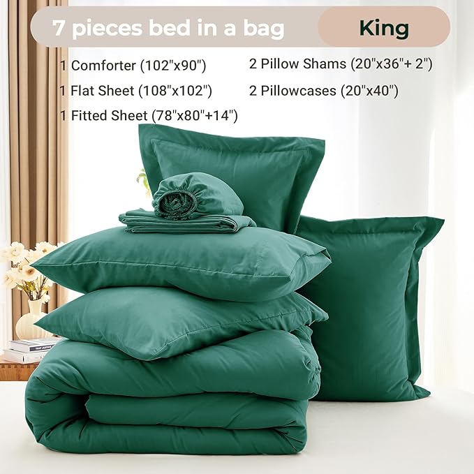 MUXHOMO 7 Pieces King Comforter Set, Soft Bed in a Bag King Size, All Season Bedding Set with Comforter, Flat Sheet, Fitted Sheet, Pillowcases & Shams, Emerald Green
