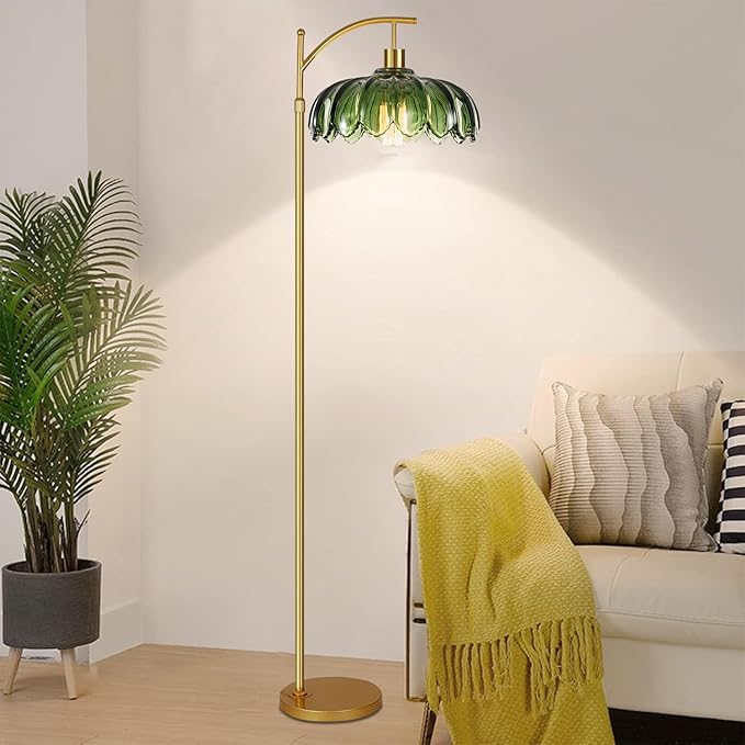 Gold Floor Lamp for Living Room,Bedroom,Mid Century Modern Standing Lamp with Remote,Dimmable Brass Tall Lamp Vintage Retro Green Glass Arc Floor Flower Floor Light Boho Bohemian