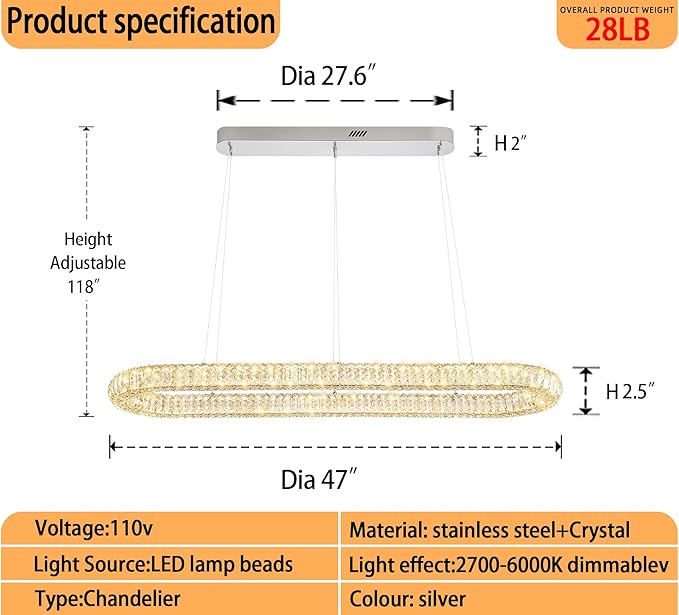 Oval Crystal Ring Chandelier for Living Room, 47.2'' Chrome Ring Pendant Light for Kitchen Island Modern Linear Oval Chandeliers for Dining Room Dimmable 3000K-6000K