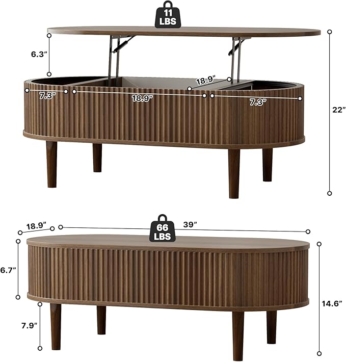 EAG Fluted Lift Top Coffee Table with Hidden Compartment, 39 Inch Modern Oval Coffee Table with 3 Storage, Fully Wooden Assembled Center Table for Living Room, Office, Walnut