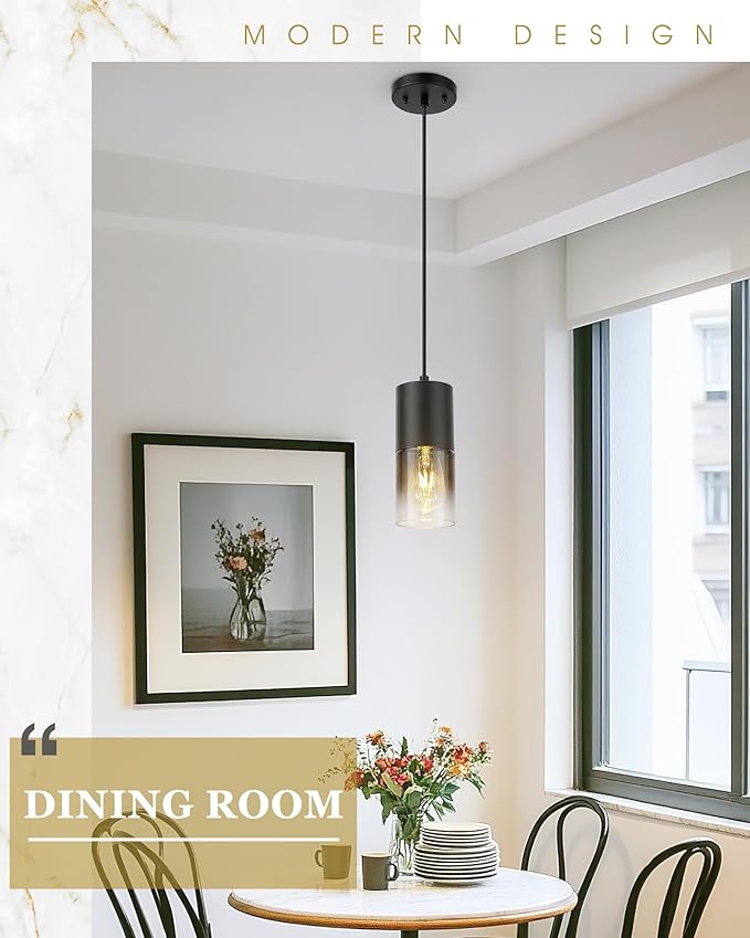 2-Pack Pendant Lights Kitchen Island, Hanging Lights Fixtures with Cylinder Black Gradient Glass, Modern Kitchen Pendant Lighting Over Island for Dining Room, AD-24023-1P2-BK-SM