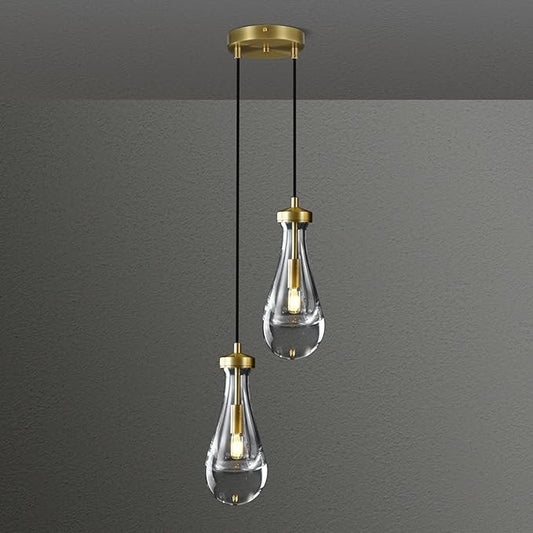 Modern Raindrop Pendant Lights, Brass Cluster 2-Light Pendant Lights Kitchen Island, Gold Bedside Pendant Lighting, Adjustable Suspension Cord for Dining Room,Bathroom,Bedroom,Bulb Included