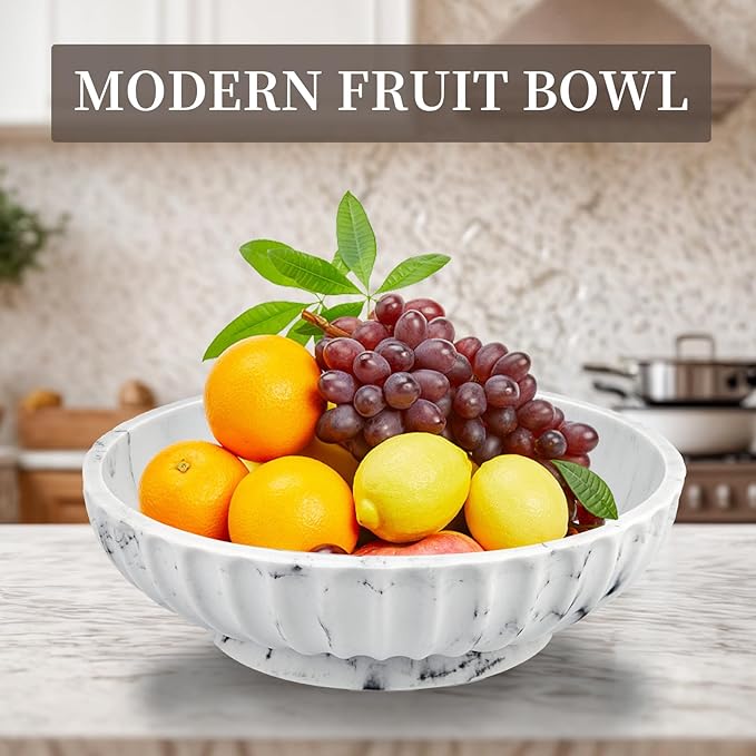 Large Decorative Bowl,Modern Handicraft Bowl for Home Decor,Decorative Fruit Bowl for Kitchen Counter,Key Bowl for Entryway Table - White Marble Design