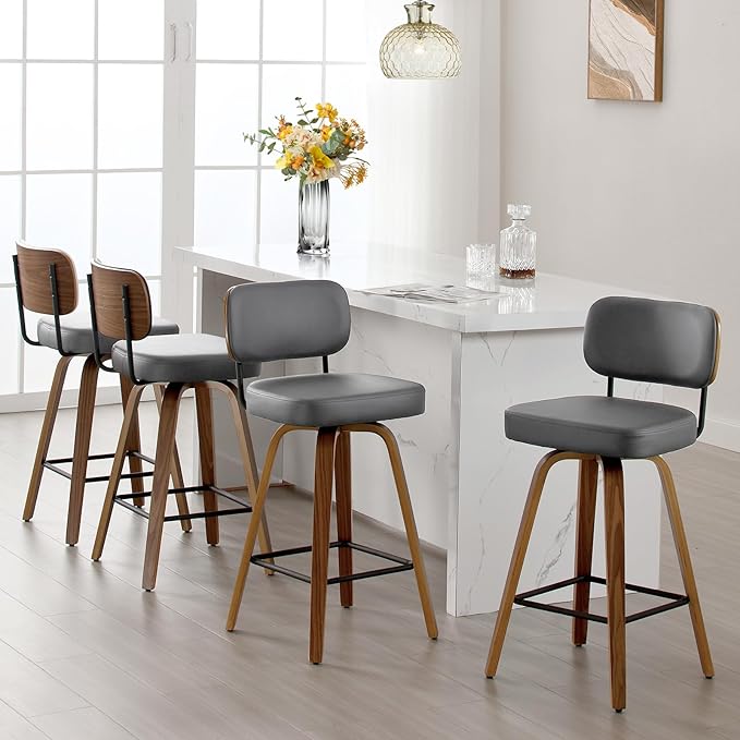 Swivel Counter Height Bar Stools Set of 4, 26" Upholstered Faux Leather Barstools with Back and Bent Wood Legs, Mid Century Modern Bar Chair Island Stool for Kitchen Counter, Grey