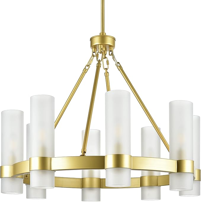 Linea di Liara Teramo Gold Chandelier Dining Room Light Fixture Small Wagon Wheel Chandelier Round Industrial Modern Farmhouse Chandeliers for Dining Room Foyer, Frosted Glass, UL Listed