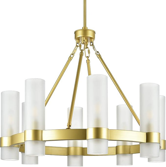 Linea di Liara Teramo Gold Chandelier Dining Room Light Fixture Small Wagon Wheel Chandelier Round Industrial Modern Farmhouse Chandeliers for Dining Room Foyer, Frosted Glass, UL Listed