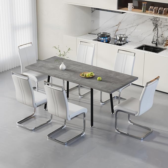 7 Piece Dining Table Set for 6-8,55-71" Extendable Dining Table Set with 6 Upholstered Chairs,Rectangle Kitchen Table Set for Small Space,Dining Room and Office,Grey