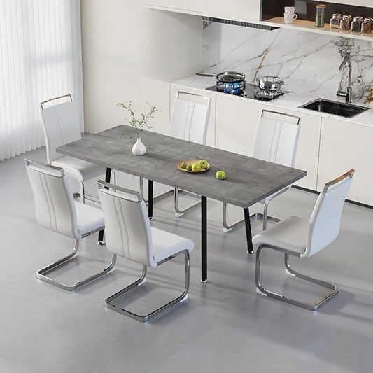 7 Piece Dining Table Set for 6-8,55-71" Extendable Dining Table Set with 6 Upholstered Chairs,Rectangle Kitchen Table Set for Small Space,Dining Room and Office,Grey