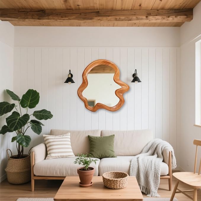 Gluck Plants Irregular Wall Mirror,21x20 Walnut Wooden Framed Asymmetrical Farmhouse Modern Unique Cloud Wavy Wood Mirror for Bathroom Living Room Bedroom Entryway Hallway