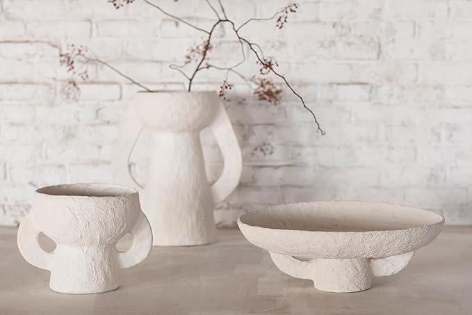 Decorative Vase with Handles | Earth interior accessories by Marie Michielssen | White Paper Mache Home Decor Living Room on Coffee Table | Kitchen Decorations | Entryway Table Decor Shelf Pot S