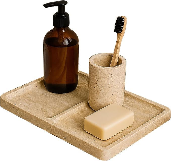 11.81"x7.87" Roman Travertine Decorative Tray - 2 Compartments Functional Storage Vanity Organizer for Bathroom Kitchen Office, Beige