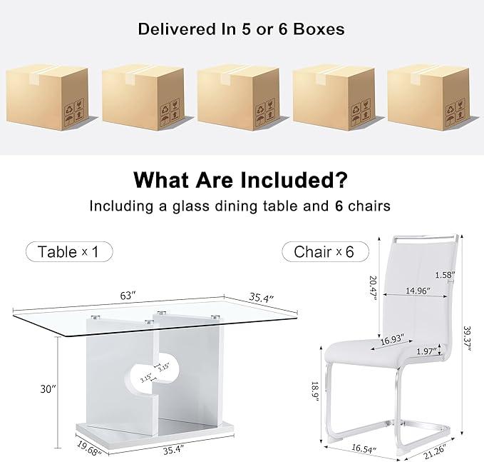 Glass Dining Table Set for 6, 63" White Dinner Room Table Set for 6, Modern Kitchen Table with 6 Upholstered PU Leather Dining Chairs for Dining Room