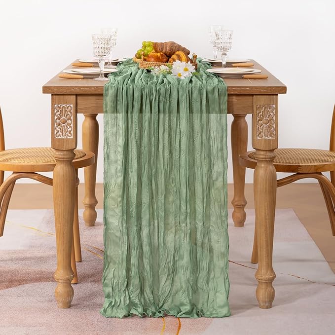 MLMC Sage Green Table Runner 10ft Rustic Gauze Fall Cheesecloth Table Runner Sage Cheese Cloth Centerpiece Decor 35x120 Inches for Boho Wedding Bridal Shower Birthday Party Decor