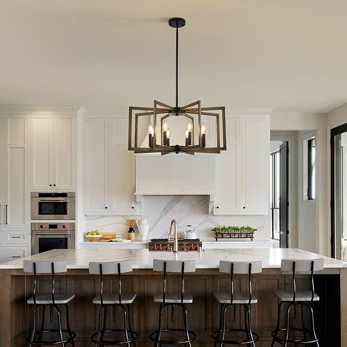8-Light Metal Geometric Chandelier，Large Kitchen Pendant Lighting Over Island，Farmhouse Dining Room Light Fixture，Wood Grain Finish and Black Modern Chandelier