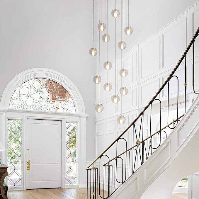 14 Lights Black Staircase Chandelier for High Ceiling, Dimmable Modern Crystal Raindrop Large Long Hanging Pendant Light for Stairwell Living Room Stair Foyer, Bulbs Included