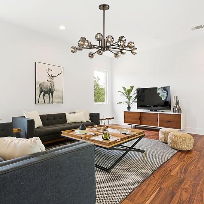 Modern Crystal Chandelier, 35.4" Black Sputnik Chandelier for Dining Room, 18 Lights Smoke Crystal Ceiling Lighting Fixture for Living Room Bedroom