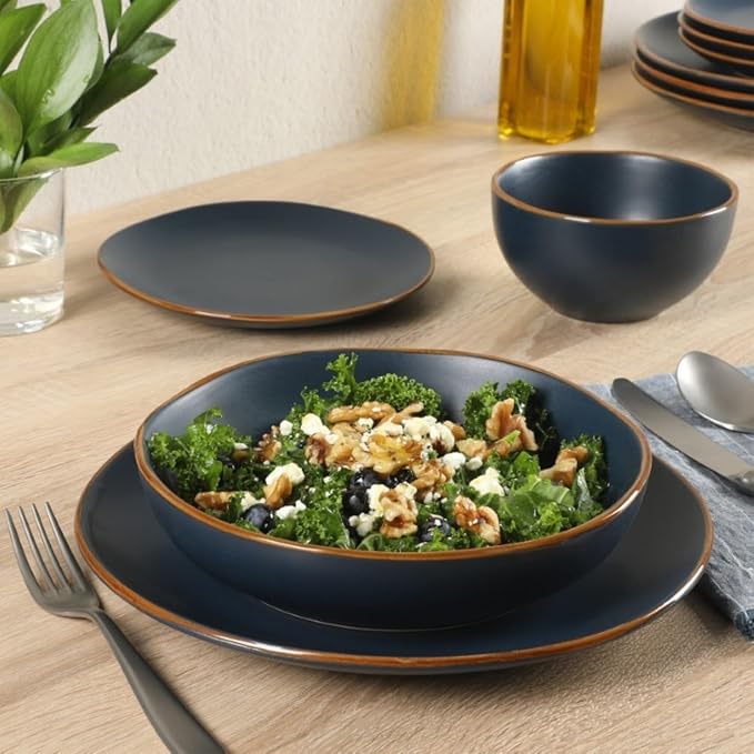 Gibson Home Hazeltine 16 Piece Plates and Bowls Dishes Stoneware Ceramic Dinnerware Set - Navy Blue