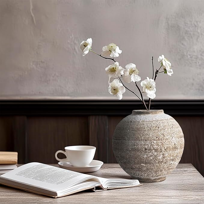 Ceramic Farmhouse Vase Rustic Decor,Pottery Decorative Flower Vases for Home Decor,Boho Vase for Table, Living Room,Bathroom,Shelf,Mantel Decoration,5.5 inch