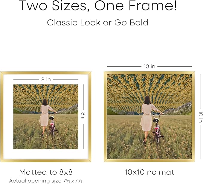 Homeforia Square 10x10 Gold Frame, High End Metal 10 by 10 Picture Frames with Mat 8 x 8, 10by10 Thin Poster Frame Matted to 8x8 inch Photo, Wall or Tabletop Frames, Tempered Glass, Wall Kit, Set of 2