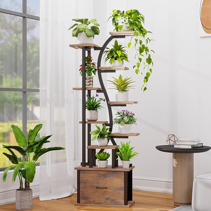 Plant Stand Indoor with Grow Lights - 9 Tiered Plant Shelf Indoor with Drawer, 65" Corner Plant Stand for Indoor Plants, Lighted Large Plant Stands, Flower Rack Display for Living Room, Garden, Patio