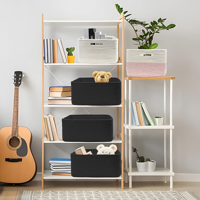 COMFY-HOMI 2 pcs Large Storage Baskets for Shelves, Laundry Basket, Woven Rope Basket, Closet Organizer Bins for Clothes Blanket Towels, Baby Nursery, Gift Toy Baskets, 17” x 13” x 7.5”-black