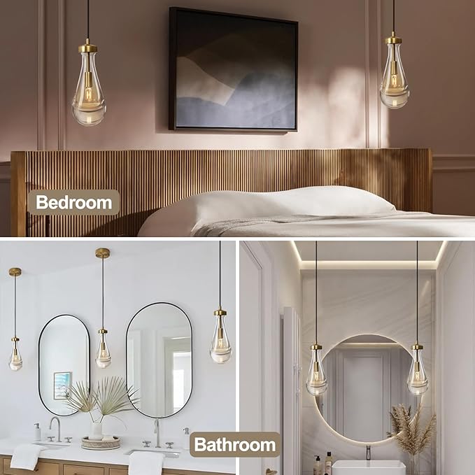 Raindrop Pendant Light Fixtures Set of Two, Brass Glass Pendant Lighting, Teardrops Pendant Lights Kitchen Island, Indoor Pendant Light for Kitchen Island Bedroom Bathroom, Included Bulb