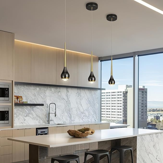 Modern LED Dimmable Pendant Light fixtures,Mini Black Gold Pendant Lighting for Kitchen Island Dinning Room,Bedroom,Bar, Kitchen Island Ceiling Hanging Light Fixtures(1-Pack)