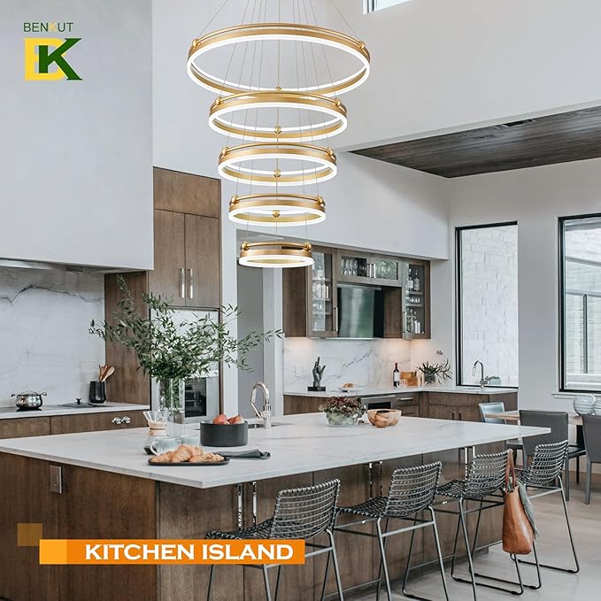 5-Rings Modern LED Chandelier Gold Dimmable Large High Ceiling Chandeliers Foyer, Remote Pendant Lighting for Foyer Entryway Dining Room Living Room Staircase(10-Ring Lighting, D29.5)