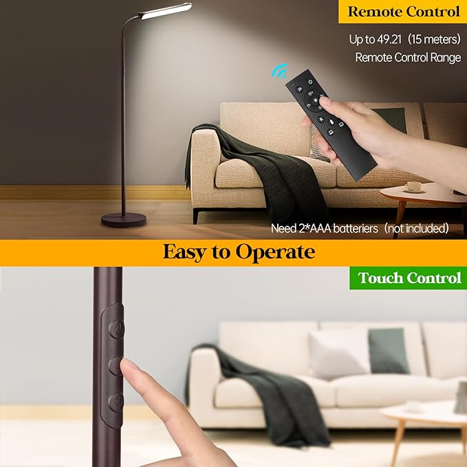 LED Floor Lamp, 18W Super Bright Floor Lamp for Living Room, Adjustable Stepless Colors & Brightness Gooseneck Standing Lamp, Eye Caring Reading Light with Remote& Touch Control for Bedroom Office