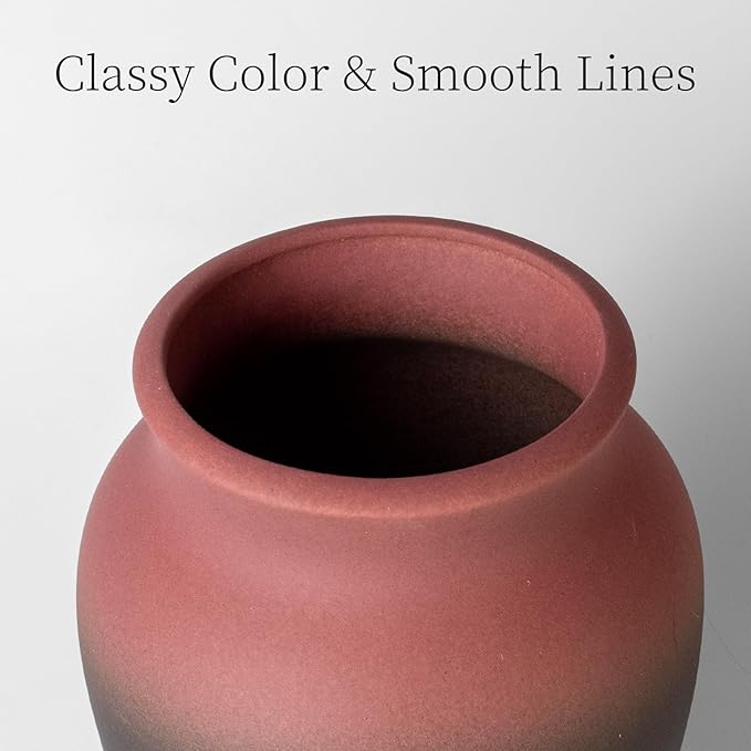Ceramic Vase for Home Decor, 9 Inch Wide Mouth Pottery Vase, Vintage Farmhouse Boho Neutral Terracotta Rustic Decor for Living Room, Entryway, Floor, Mantel Decoration（Black & Red）
