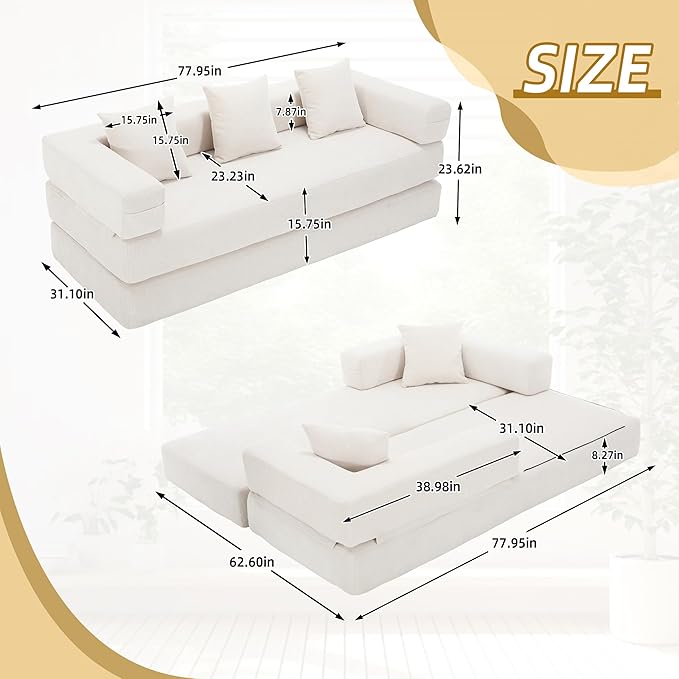 Comfy Convertible Folding Mattress Couch, Floor Sofa Bed, Chenille Floor Sofa with Armrest, Floor Sofa Lounge Couch for Living Room Bedroom Lounge Studio-Beige White