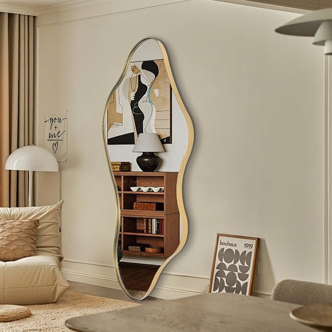 Irregular Mirror Full Length, Large Asymmetrical Wall Mirrors, 63"x30" Gold Wavy Floor Mirror for Dressing, Abstract Mirrors Decorative for Living Room Bathroom Bedroom Hallway Entryway
