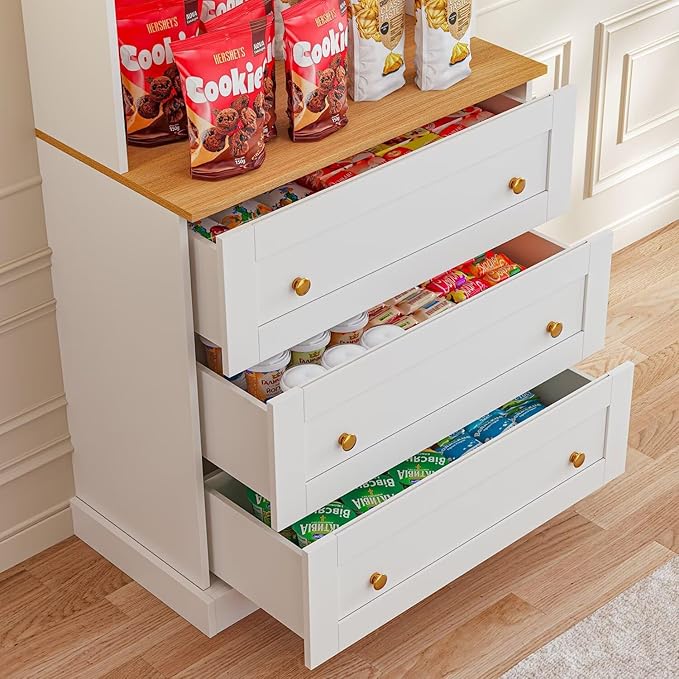 Vyre 71" Farmhouse Kitchen Pantry Cabinet, White Freestanding Coffee Bar Hutch with Drawers & Adjustable Shelves, Large Storage Cabinet with Microwave Stand for Living Room & Kitchen