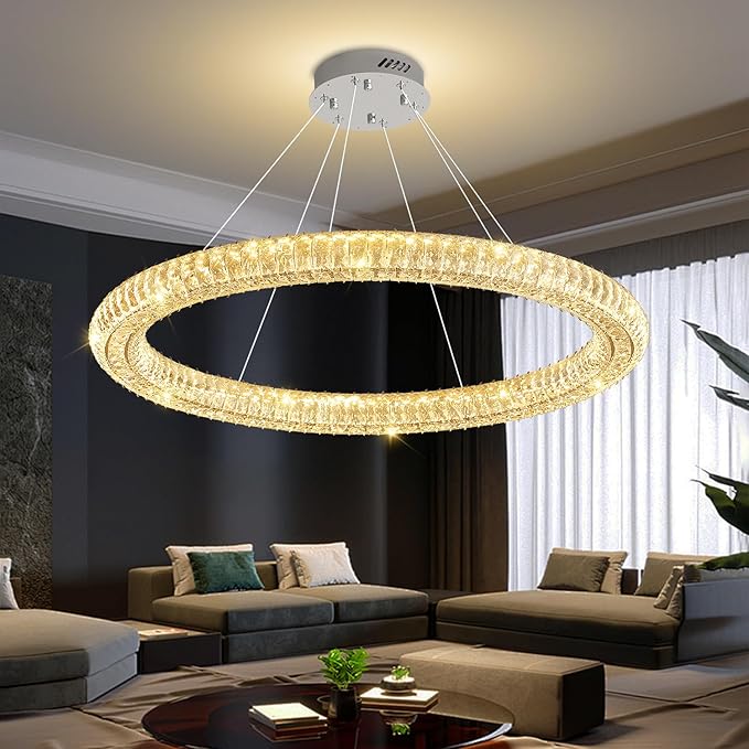 Modern 39.4" LED Ring Crystal Chandelier Adjustable Round Chrome Crystal Chandelier Dining Room Living Room Dimmable 3000K-6000K