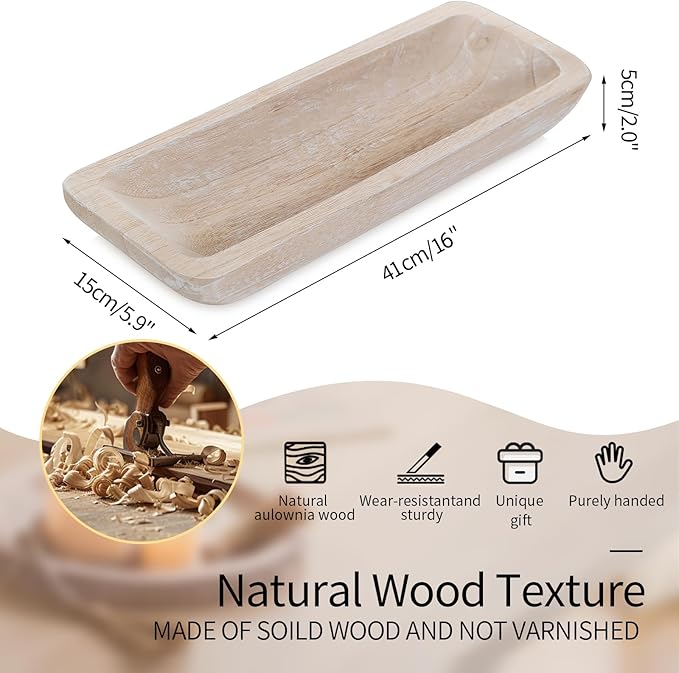 Romadedi Decorative Bowls for Home Decor - 16" Wooden Dough Bowl for Decor, Large Wood Bowl for Kitchen Table Centerpieces Long Narrow Wooden Tray for Dining Table Whitewashed