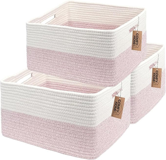 COMFY-HOMI 3 pcs Large Storage Baskets for Shelves, Laundry Basket, Woven Rope Basket, Closet Organizer Bins for Clothes Blanket Towels, Baby Nursery, Gift Toy Baskets, 17” x 13” x 7.5”-White/Pink