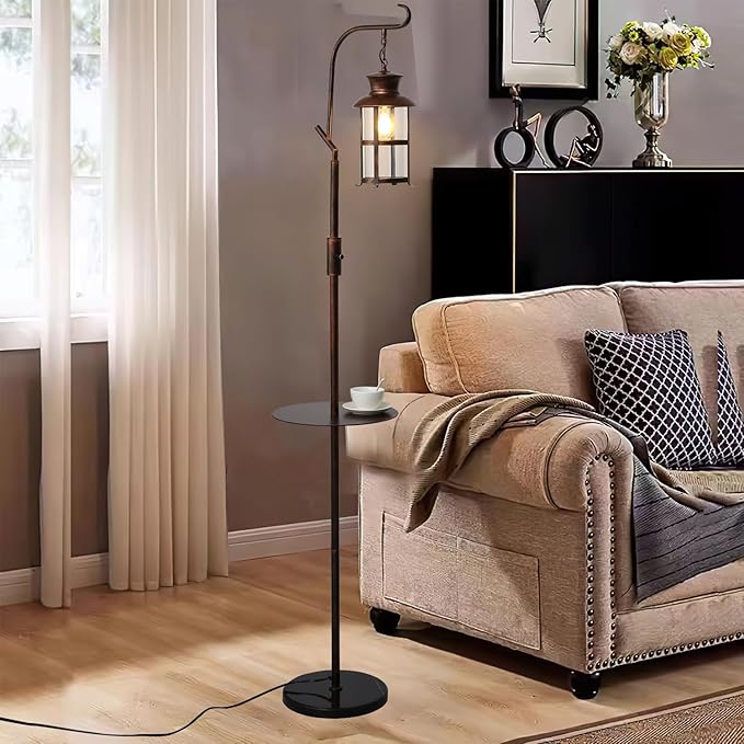 Vintage Dimmable Floor Lamp with matel Table,Classical Lanterns Standing Lamp, Rustic Farmhouse Floor Lamp with Red Copper Finish, for Living Room Bedroom