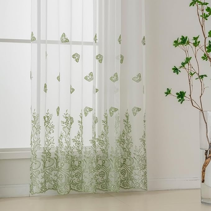 VISIONTEX White Sheer Voile Curtains, Decorative Green Embossed Butterflies Rod Pocket Window Drapes for Home Kitchen, Living Room and Bedroom 54 x 63 Inch, Set of 2 Curtain Panels