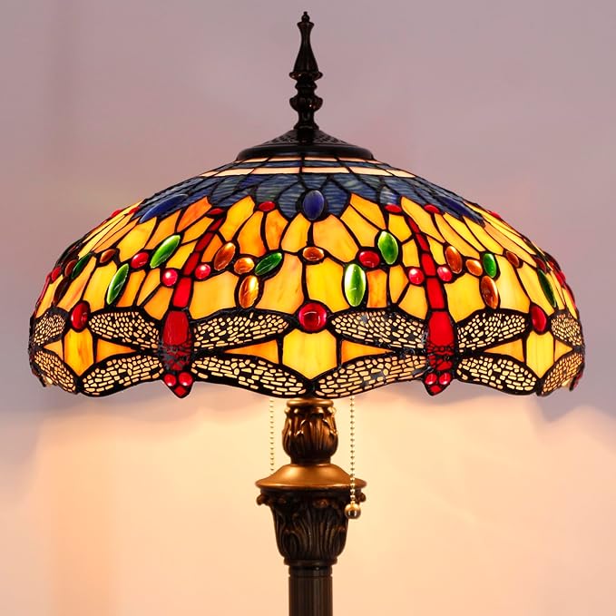 WERFACTORY Tiffany Floor Lamp Blue Yellow Dragonfly Stained Glass Standing Reading Light 16X16X64 Inches Antique Pole Corner Lamp Decor Bedroom Living Room Home Office S168 Series