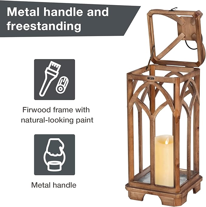 Glitzhome Farmhouse Decorative Lanterns Wooden Candle Lantern Church Window Frame Lanterns for Wedding Mantle Entryway Home Patio Balcony Garden, Pack of 2, Natural, No Glass